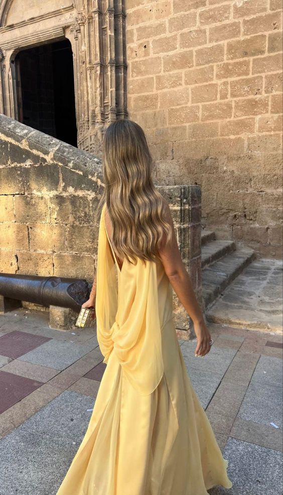 Sexy A line V Neckline Chiffon Yellow Backless Long Prom Dresses P1810 - Image 2