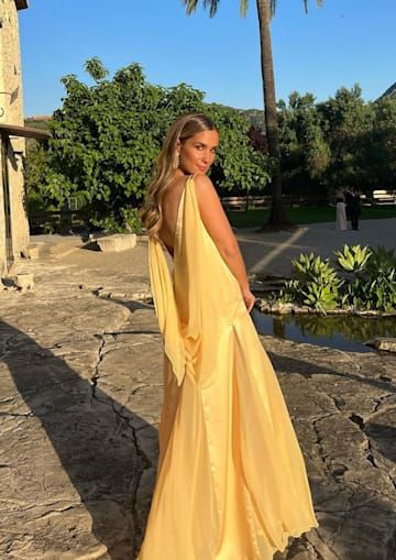 Sexy A line V Neckline Chiffon Yellow Backless Long Prom Dresses P1810 - Image 3
