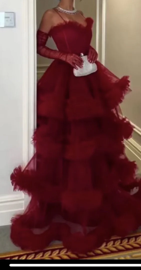 Sexy Ball Gown Long Straps Red Tulle Prom Dresses P1208 - Image 2