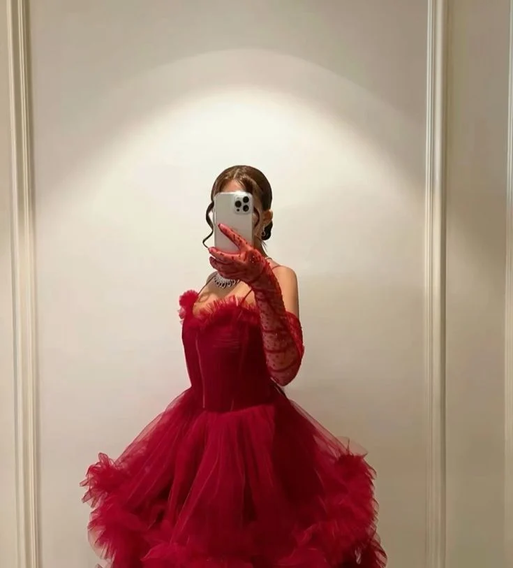 Sexy Ball Gown Long Straps Red Tulle Prom Dresses P1208 - Image 4