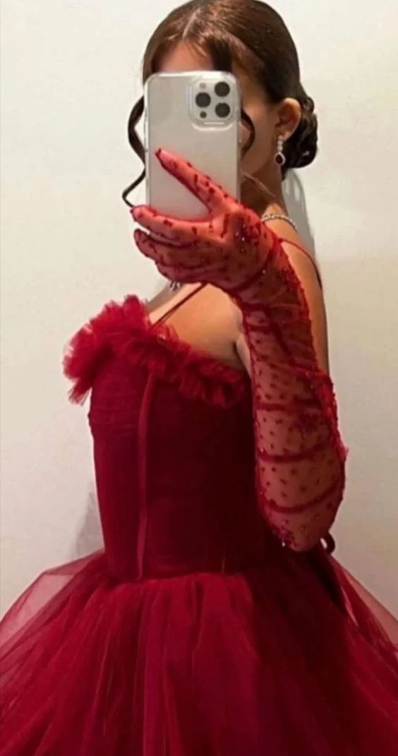 Sexy Ball Gown Long Straps Red Tulle Prom Dresses P1208 - Image 5