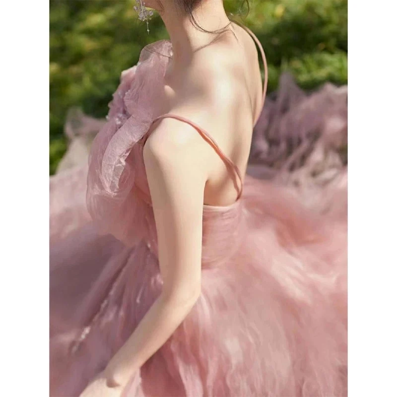 Sexy Ball Gown Spaghetti Straps Pink Tulle Evening Dress Prom Dresses P2394 - Image 2