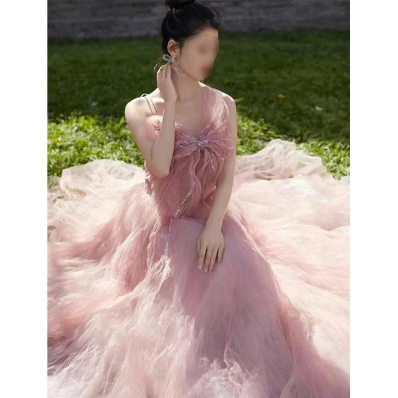 Sexy Ball Gown Spaghetti Straps Pink Tulle Evening Dress Prom Dresses P2394 - Image 3