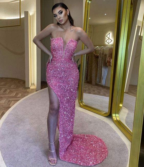 Sexy Birthday Dresses Pink Slit Sequin Prom Dresses Birthday Outfits P371 - Image 3