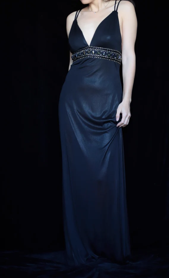 Sexy Black Spaghetti Strap V-Neck Cross Backless Satin Long Prom Dress Evening Dress P4694 - Image 2