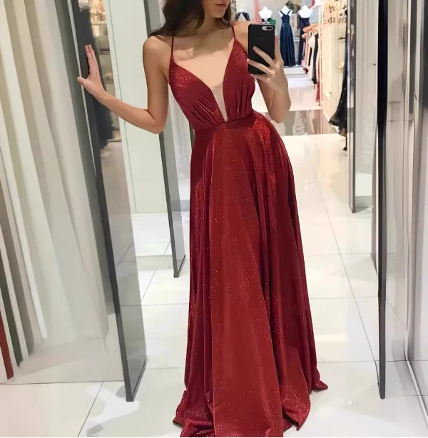 Sexy Burgundy A-line V-neck Cross Back Shimmer Satin Long Prom Dress Evening Dress P4616 - Image 2