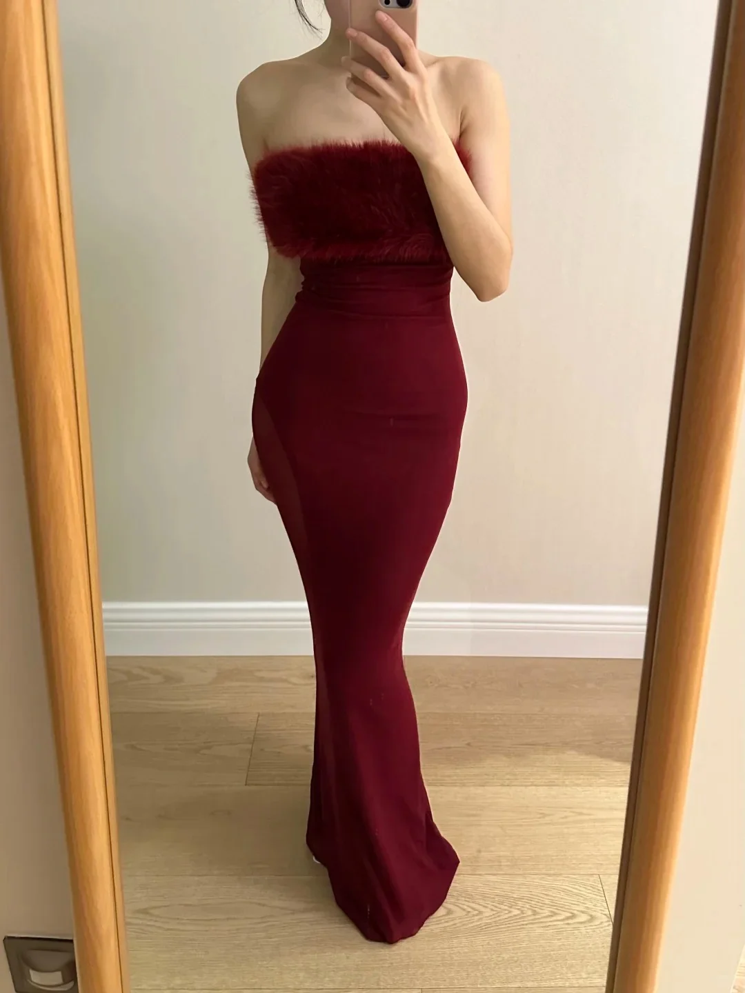 Sexy Burgundy Mermaid Strapless Mesh Long Prom Dress Evening Dress P4256 - Image 3
