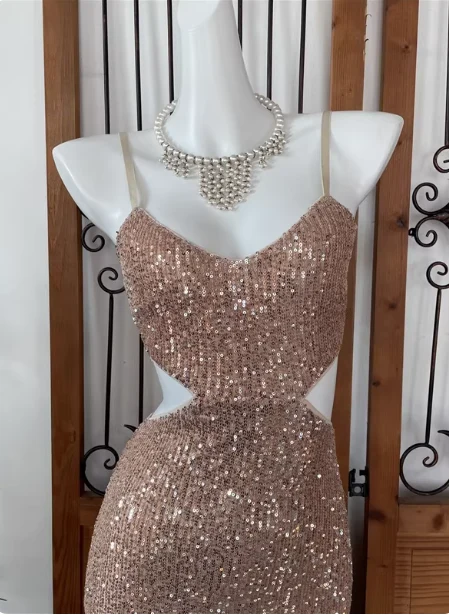 Sexy Champagne Pink Mermaid Spaghetti Strap Waist Cutout Sequin Long Prom Dress Evening Dress P4542 - Image 3