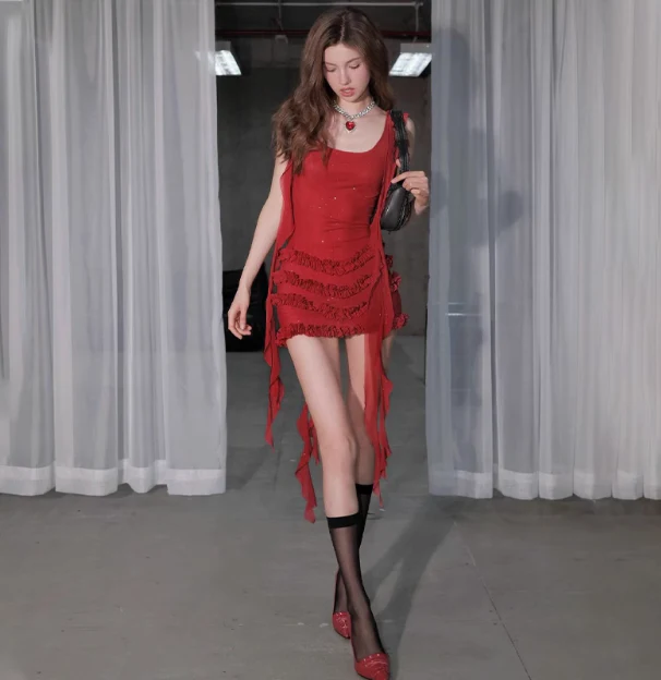 Sexy Glittering Ruffled Ribbon Sling Fungus Pleated Hip Wrap 17th Birthday Homecoming Dress P3548 - Image 3
