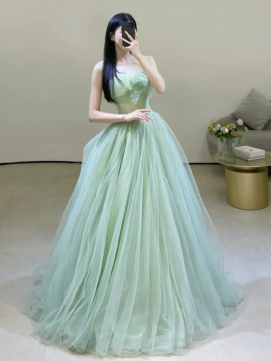 Sexy Green Strapless Tulle Floor Length Prom Dress P569 - Image 2