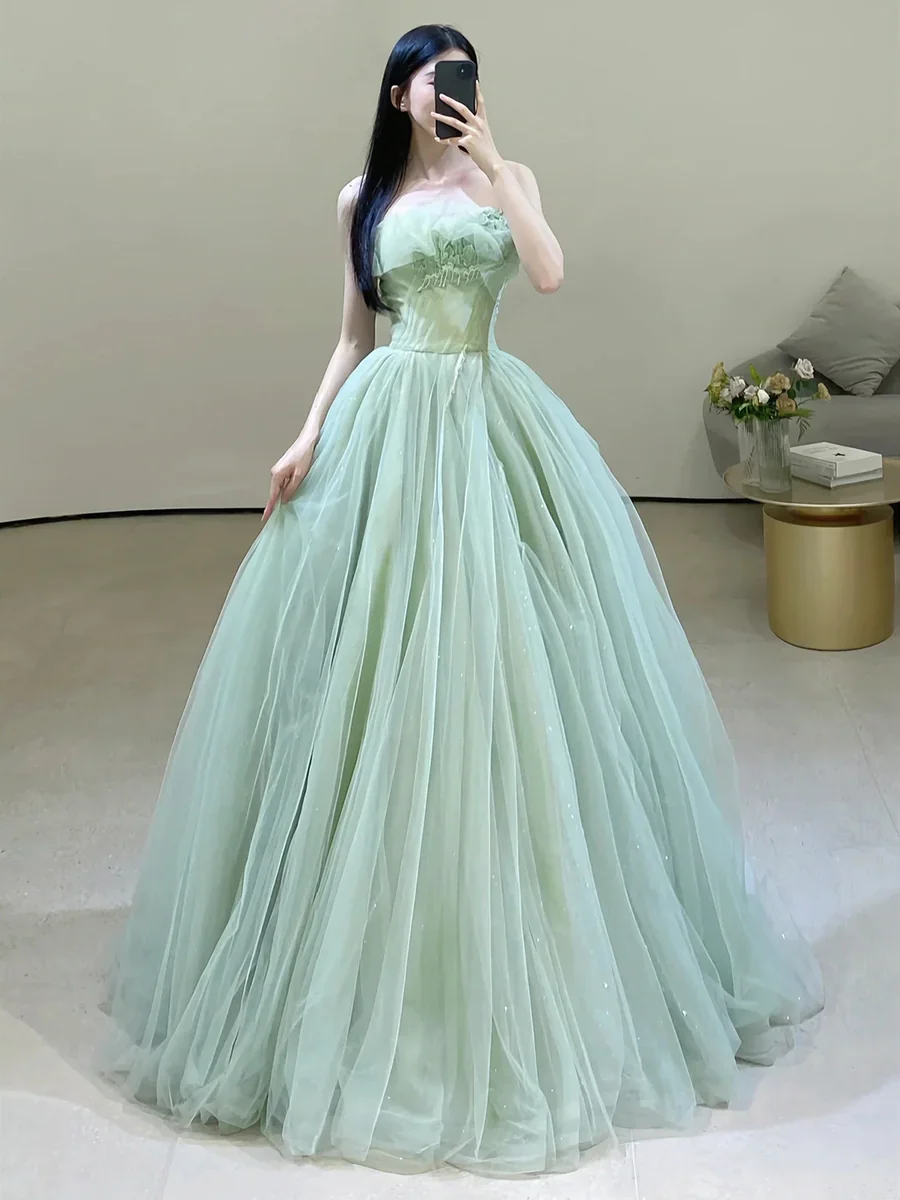 Sexy Green Strapless Tulle Floor Length Prom Dress P569 - Image 3