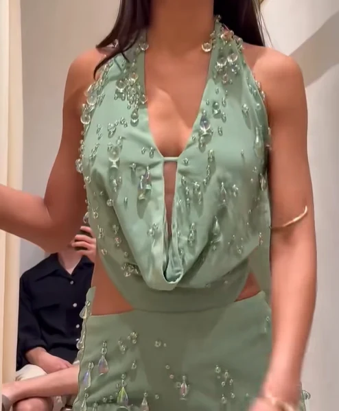 Sexy Halter Green Crystal Pendant Backless Mini Birthday Homecoming Dress P3105 - Image 2