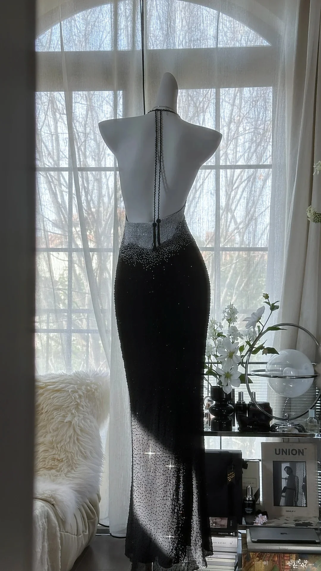 Sexy Halter Neck Backless Beaded Chiffon Black Mermaid Evening Gown Prom Dress P3287 - Image 2