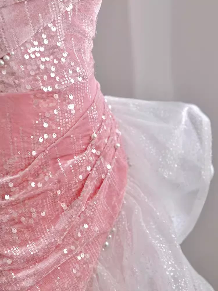 Sexy High Low Off The Shoulder Pink Velvet Prom Dress P1531 - Image 4