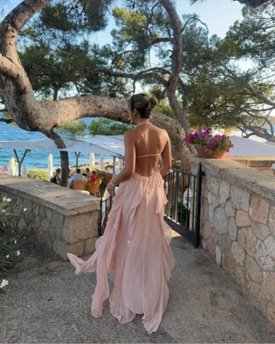 Sexy High Low Sweetheart Pink Chiffon Long Prom Dress Birthday Outfits With Ruffles P2439 - Image 5