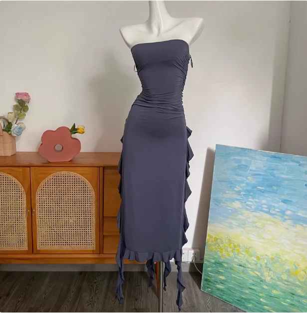 Sexy Hot Girl Tube Top Slit Ruffled Prom Dress P3400 - Image 4