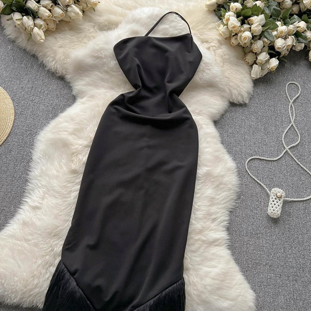 Sexy Irregular Design One Shoulder Strap Halter Neck Sexy Tight Dress With Tassel P131 - Image 3