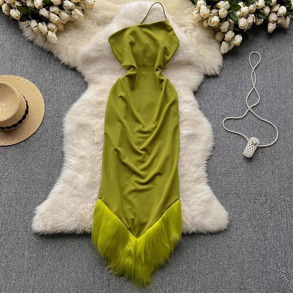 Sexy Irregular Design One Shoulder Strap Halter Neck Sexy Tight Dress With Tassel P131 - Image 4