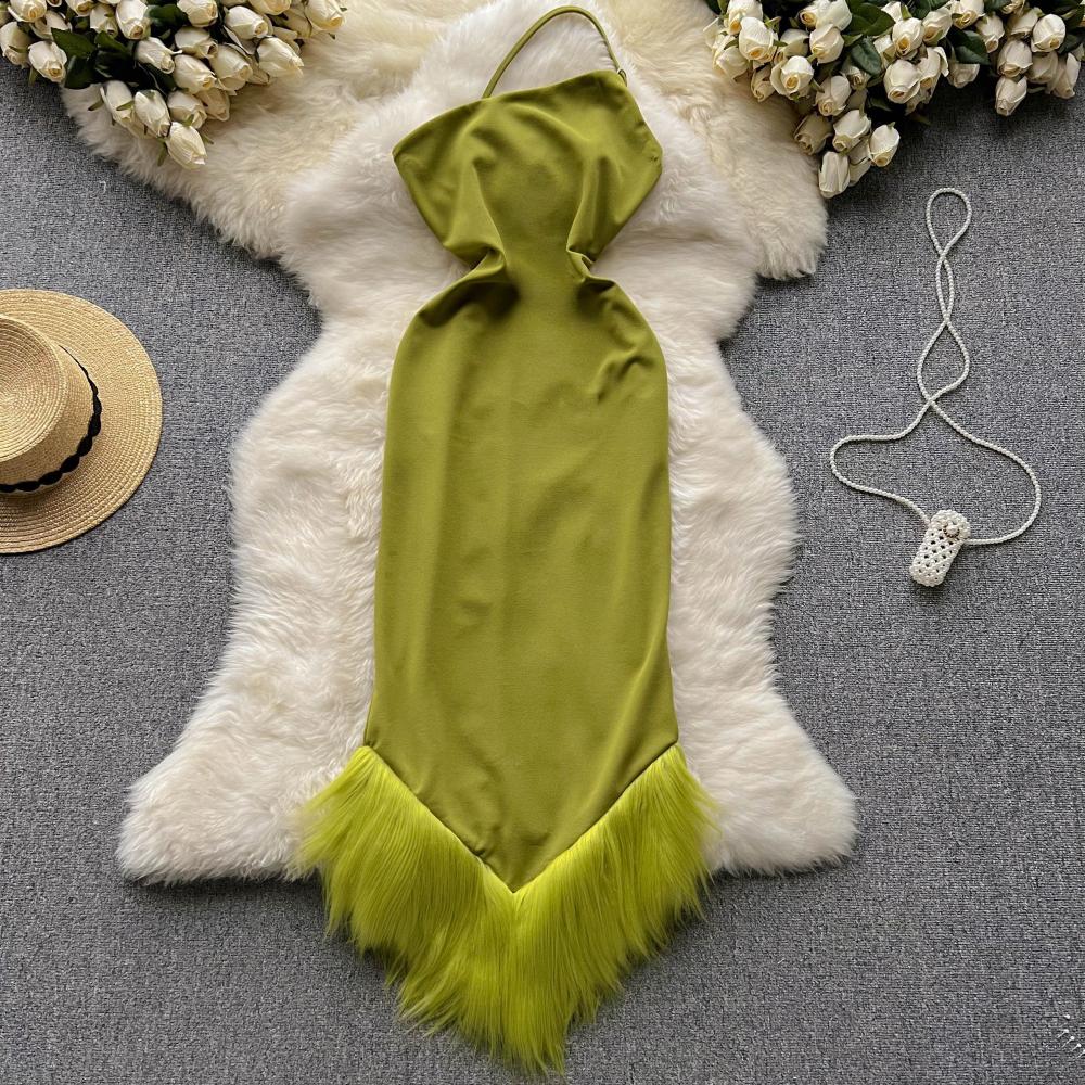 Sexy Irregular Design One Shoulder Strap Halter Neck Sexy Tight Dress With Tassel P131 - Image 5