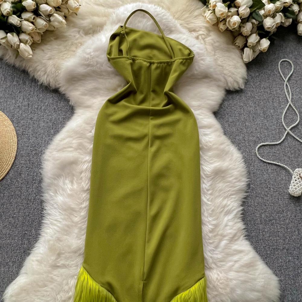 Sexy Irregular Design One Shoulder Strap Halter Neck Sexy Tight Dress With Tassel P131 - Image 6