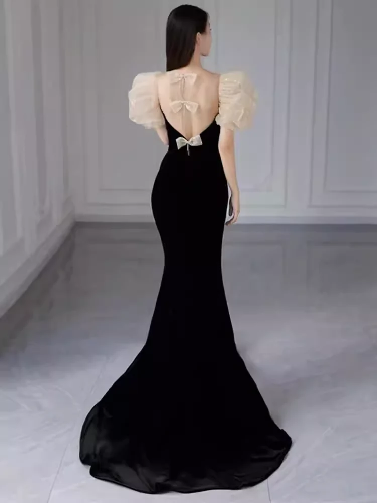 Sexy Mermaid Black Velvet Long Prom Dresses P521 - Image 2