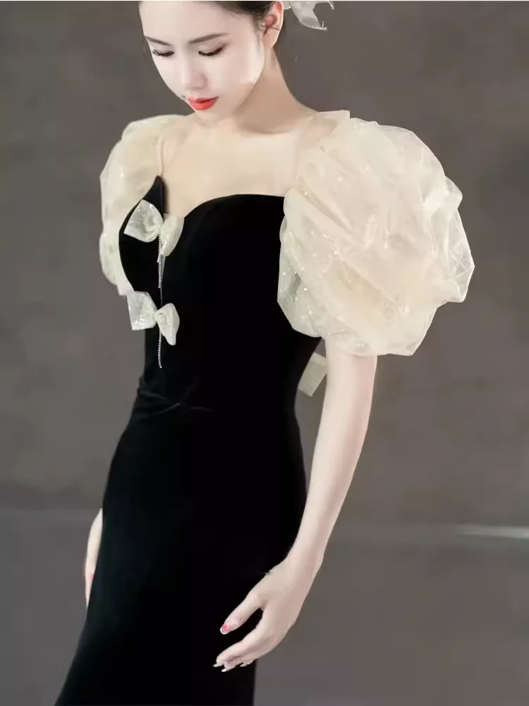 Sexy Mermaid Black Velvet Long Prom Dresses P521 - Image 5