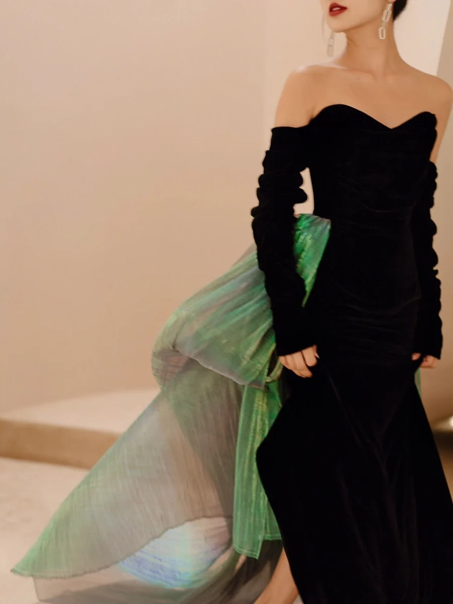 Sexy Mermaid Long Black Velvet Prom Dresses With Sleeves Long Prom Gown P515 - Image 2