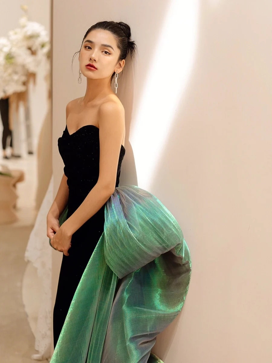 Sexy Mermaid Long Black Velvet Prom Dresses With Sleeves Long Prom Gown P515 - Image 3