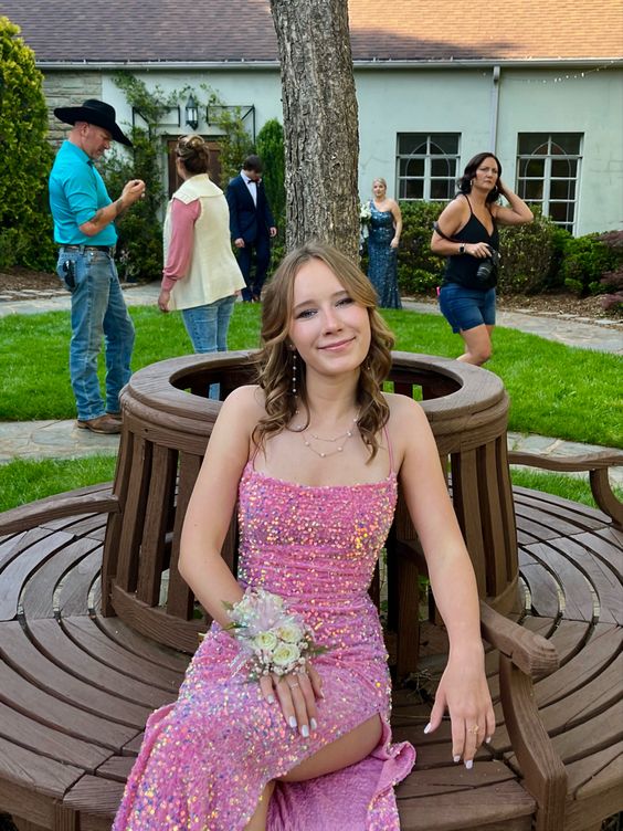 Sexy Mermaid Long Pink Sequin Prom Dress Party Dresses P1586 - Image 2