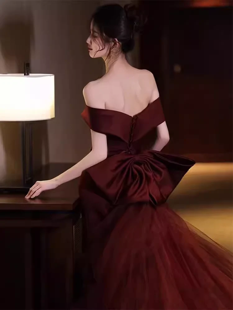 Sexy Mermaid Long Red Satin Prom Dresses With Bowknot Long Prom Dress P476 - Image 3