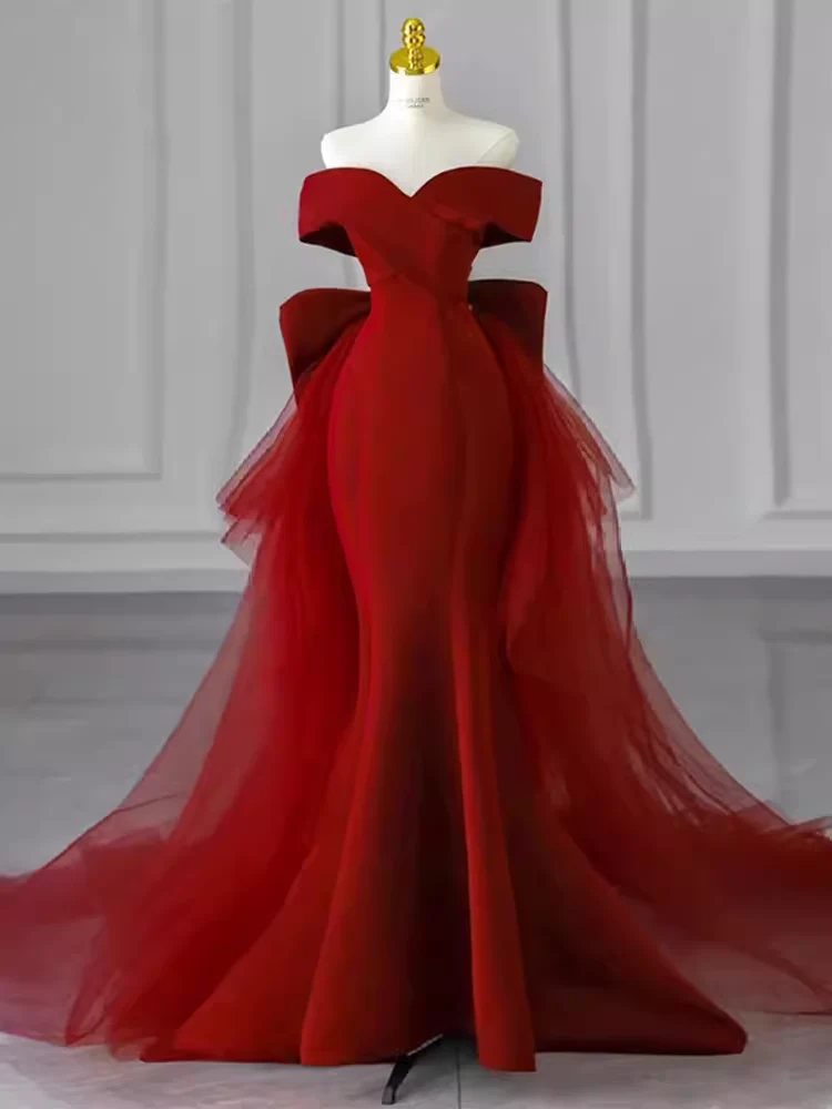 Sexy Mermaid Long Red Satin Prom Dresses With Bowknot Long Prom Dress P476 - Image 5