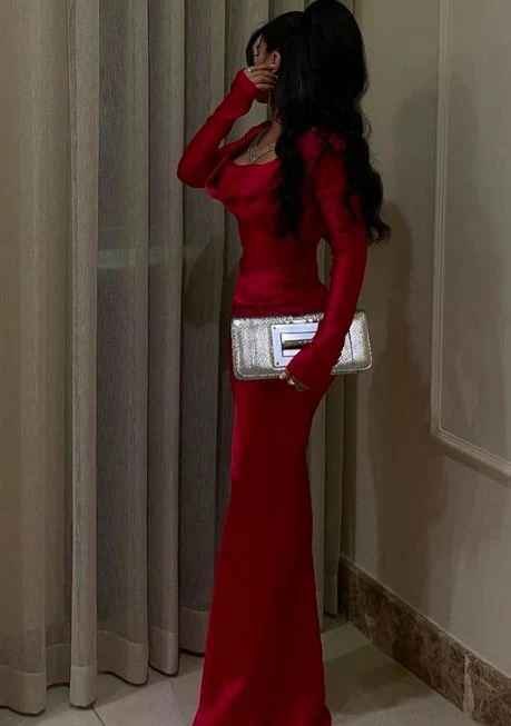 Sexy Mermaid Long Sleeves Red Prom Dresses P1206 - Image 3