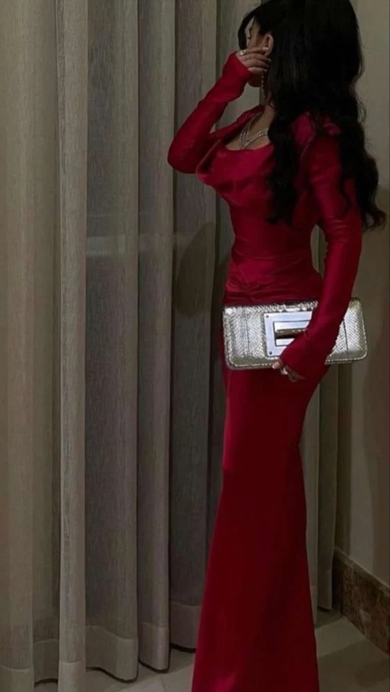 Sexy Mermaid Long Sleeves Red Prom Dresses P1206 - Image 4