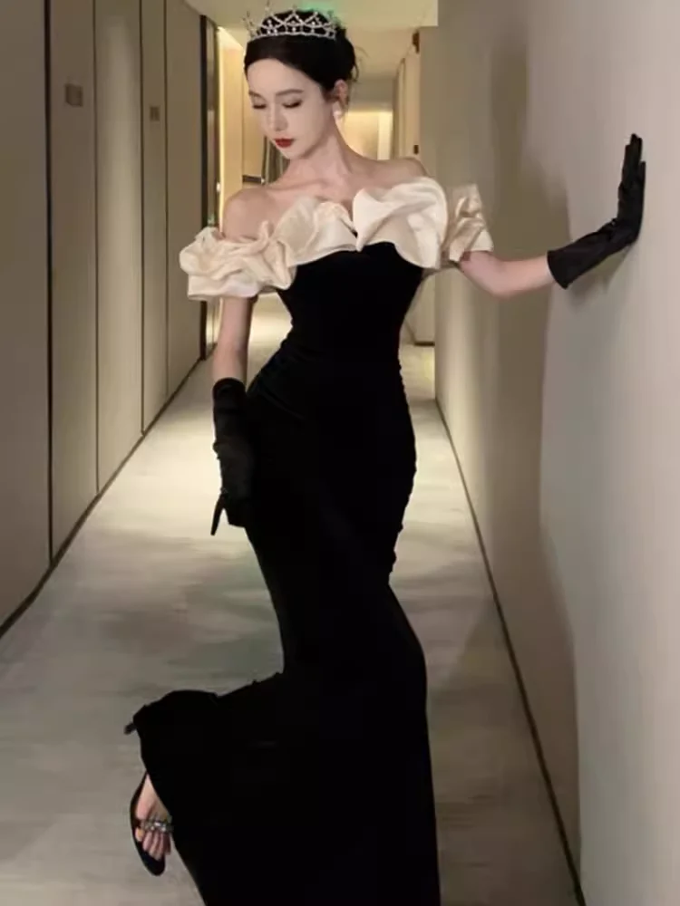 Sexy Mermaid Off The Shoulder Black Velvet Floor Length Prom Dress P1709 - Image 2