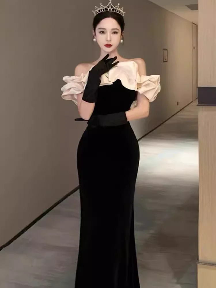 Sexy Mermaid Off The Shoulder Black Velvet Floor Length Prom Dress P1709 - Image 4