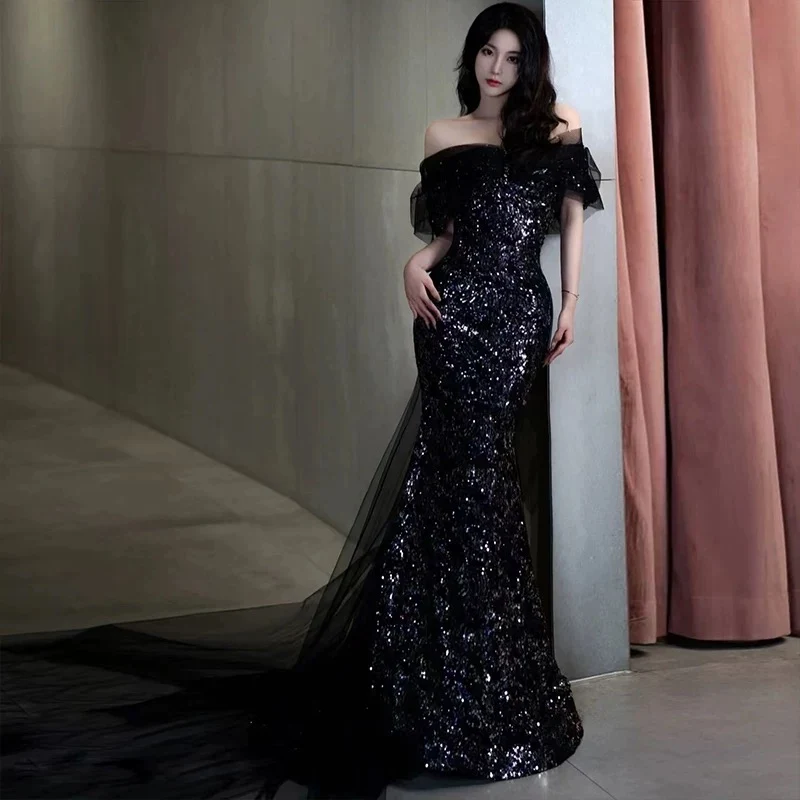 Sexy Mermaid Off The Shoulder Cap Sleeves Sequin Floor Length Black Prom Dresses P2399 - Image 3