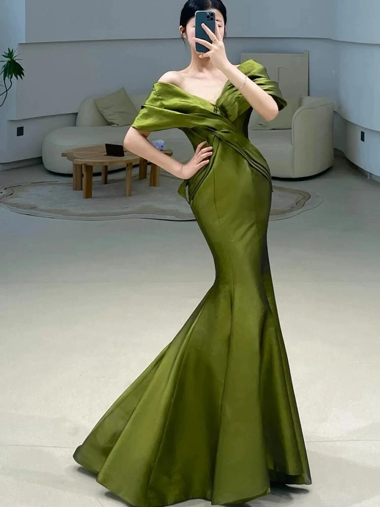 Sexy Mermaid Off The Shoulder Olive Green Satin Long Formal Dress Prom Dresses P2465 - Image 2