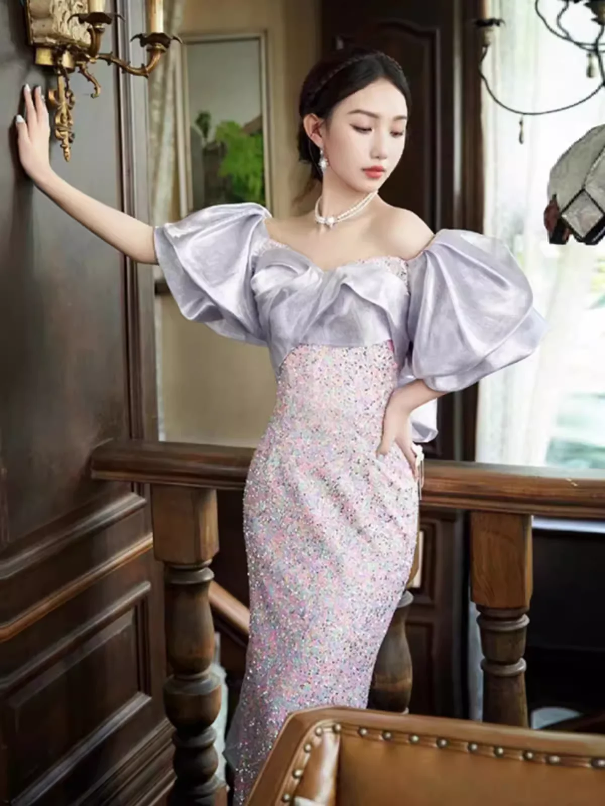Sexy Mermaid Off The Shoulder Sequin Lilac Long Prom Dresses P1004 - Image 3