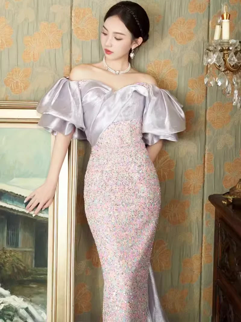 Sexy Mermaid Off The Shoulder Sequin Lilac Long Prom Dresses P1004 - Image 4