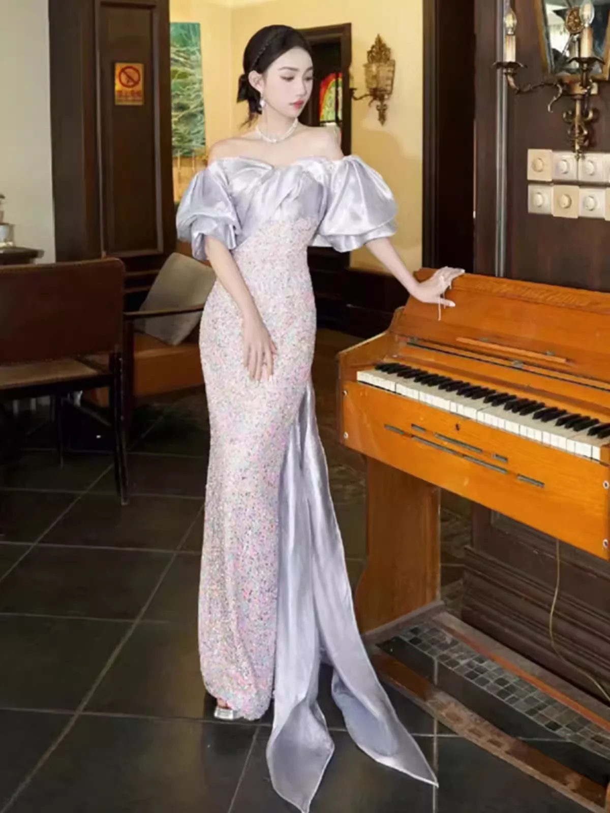 Sexy Mermaid Off The Shoulder Sequin Lilac Long Prom Dresses P1004 - Image 5