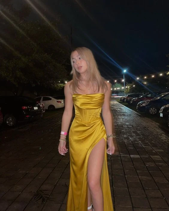 Sexy Mermaid Silk Satin Straps Evening Party Dress Long Yellow Prom Dress P832 - Image 3