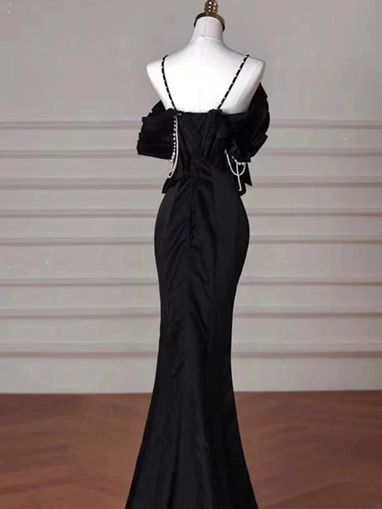 Sexy Mermaid Spaghetti Straps Black Long Formal Dress Satin Prom Dress P2461 - Image 2