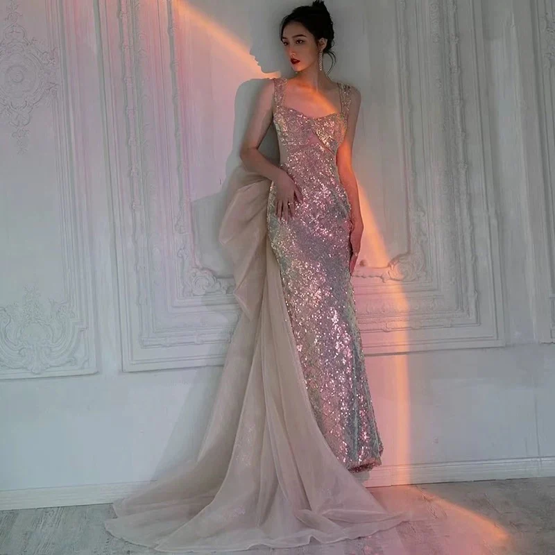 Sexy Mermaid Square Neckline Sequin Floor Length Floral Prom Dresses P2397