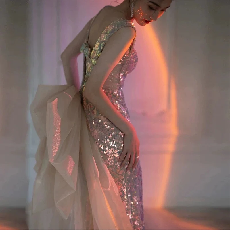 Sexy Mermaid Square Neckline Sequin Floor Length Floral Prom Dresses P2397 - Image 2