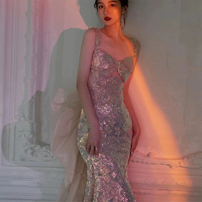Sexy Mermaid Square Neckline Sequin Floor Length Floral Prom Dresses P2397 - Image 3