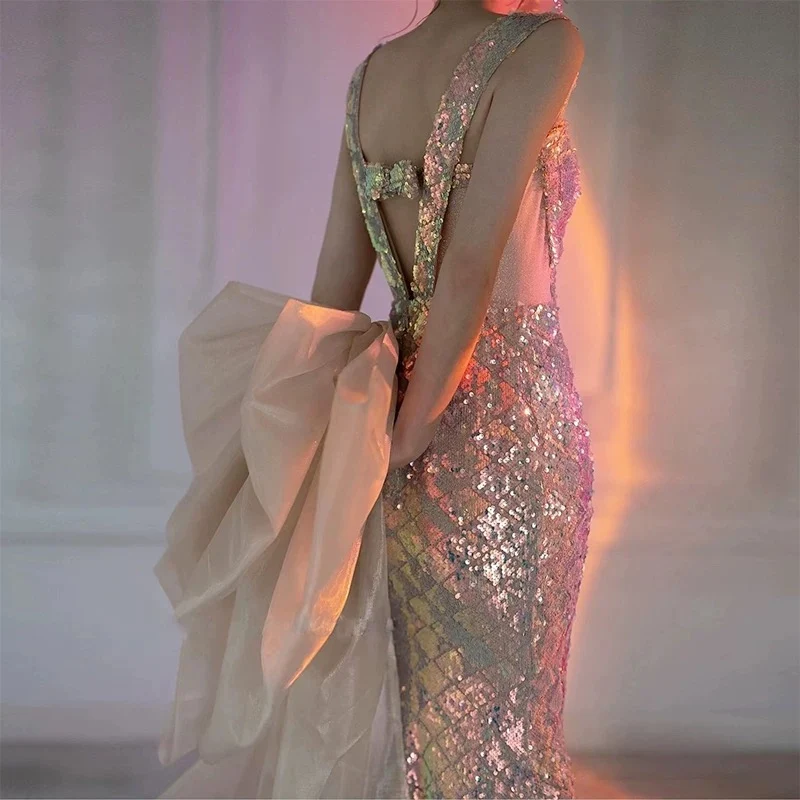 Sexy Mermaid Square Neckline Sequin Floor Length Floral Prom Dresses P2397 - Image 4