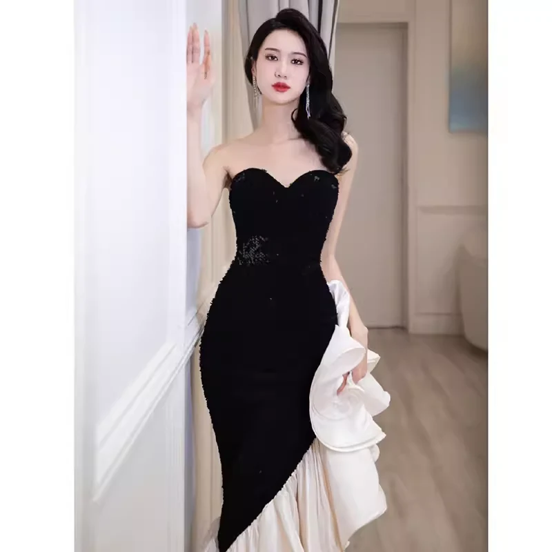 Sexy Mermaid Strapless Long Black Sequin Prom Dress P1533 - Image 4
