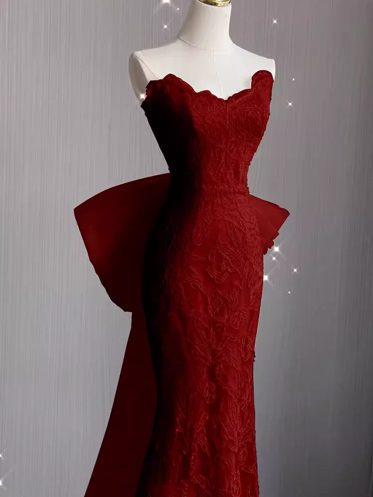 Sexy Mermaid Strapless Red Lace Long Prom Dress P1053 - Image 3