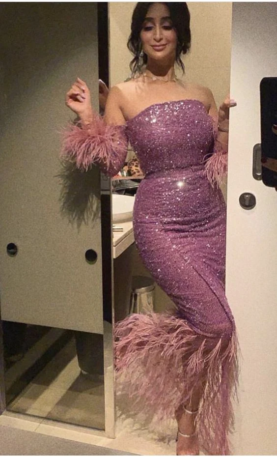Sexy Mermaid Strapless Sequin Lilac Prom Dress With Feather P1205 - Image 2