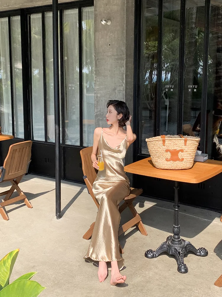 Sexy Mermaid Straps Gold Satin Prom Dress 21th Birthday Outfits P684 - Image 5